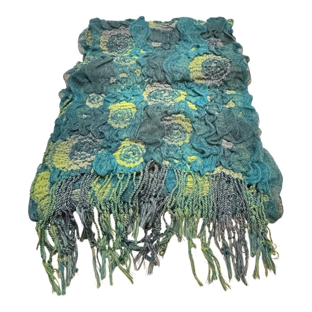 Unique Floral Scarf in Blues & Greens, Textured Flowers with Fringe - Picture 3 of 12